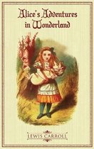 Boekomslag van Alice's Adventures in Wonderland door Lewis Carroll, met een illustratie van Alice die een jong konijn vasthoudt.