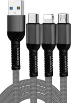 De Beste Gadgets Oplaadkabel 3 in 1 Grijs - Lightning/USB-C/MicroUSB - iPhone Oplaadkabel - Samsung Oplaadkabel - Geschikt voor iPhone en Android telefoons en tablets