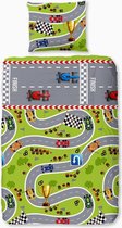 1-persoons jongens dekbedovertrek “Racewagen” groen - grijs met race auto’s op een circuit / racebaan met finish KATOEN 140 x 220 cm TOP KWALITEIT!