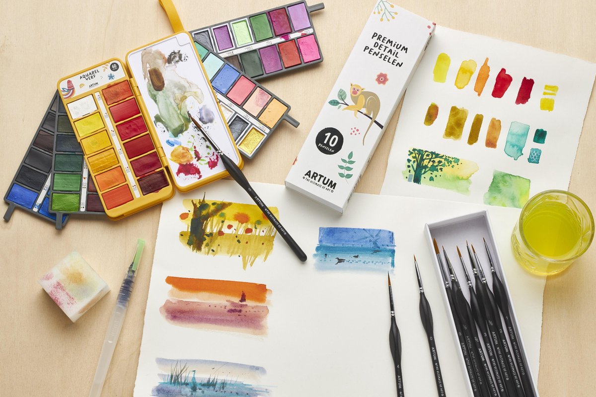 Aquarelverf Set met 60 Kleuren - Met Waterbrush en Spons - Waterverf - Schilderen - Handlettering - Brush Pennen — afbeelding 6