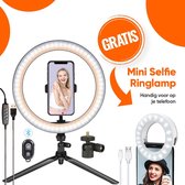 LED Ringlamp met statief, verstelbaar telefoon en tafelstatief, Bluetooth met gratis mini selfie - 26 cm 10 inch - Vlog - influencer - Model - Make-up lamp - Ringlight - TikTok - Instagram - 