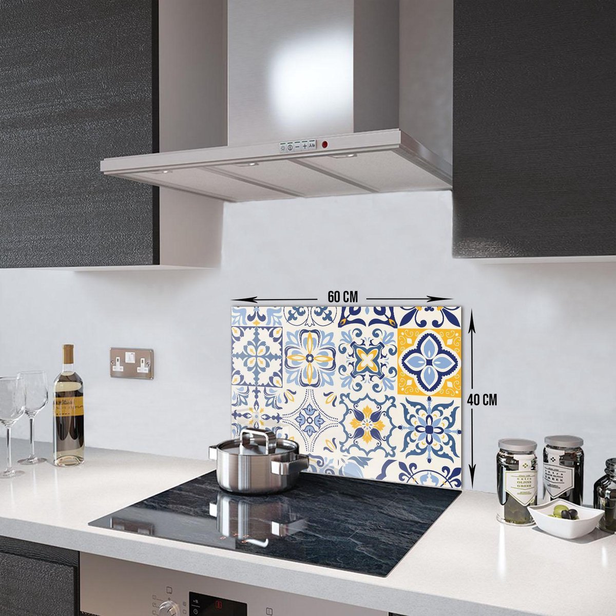 Blauw Tegelpatroon Tempered Glas Spatbescherming Voor Achter de Kookplaat 40cm x 60cm