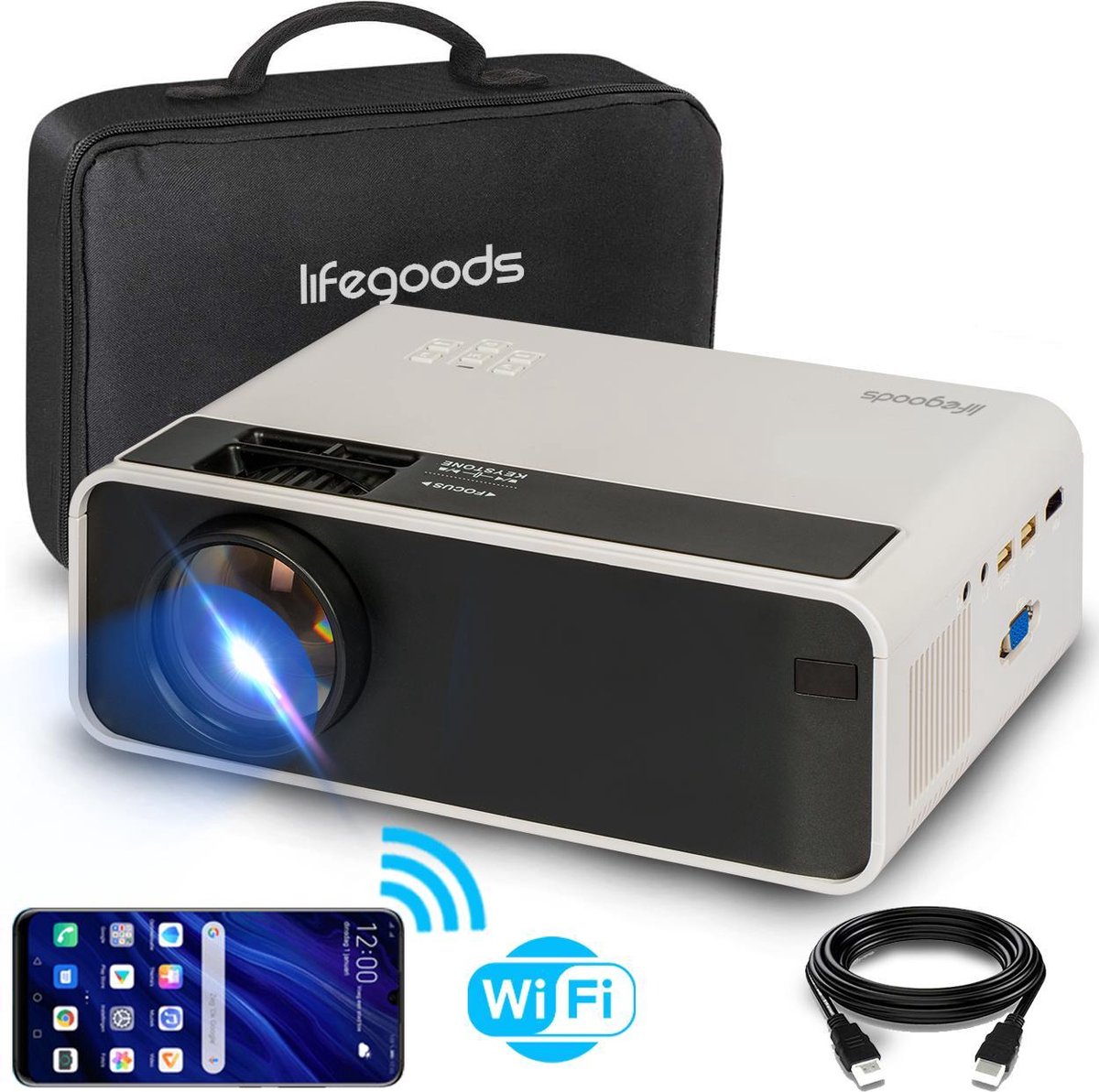 LifeGoods Beamer - 4500 Lumen - WiFi - 200 inch Projector - Full HD - HDMI-kabel, Afstandsbediening en Draagtas - Wit - LifeGoods