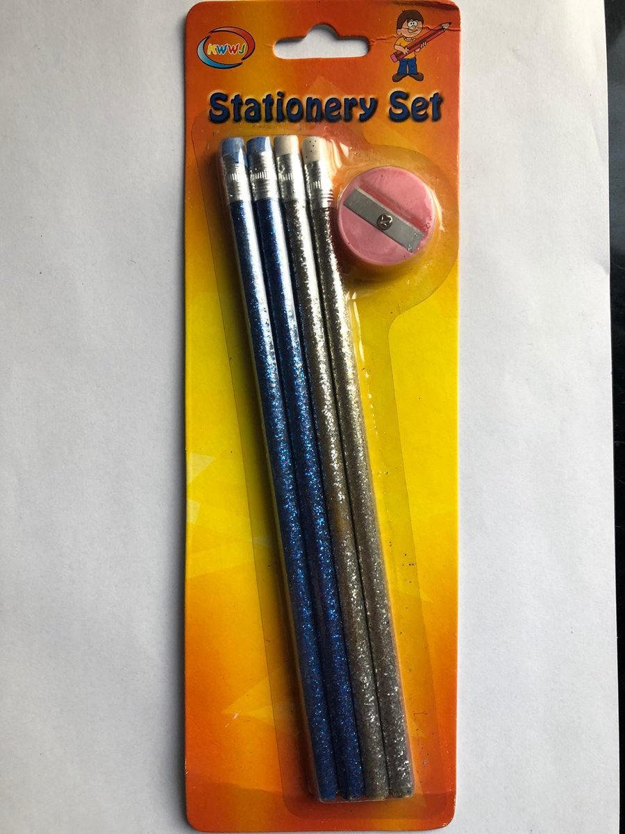 POTLOOD GLITTER 18 cm - 2 x blauw - 2 x zilver met roze puntenslijper