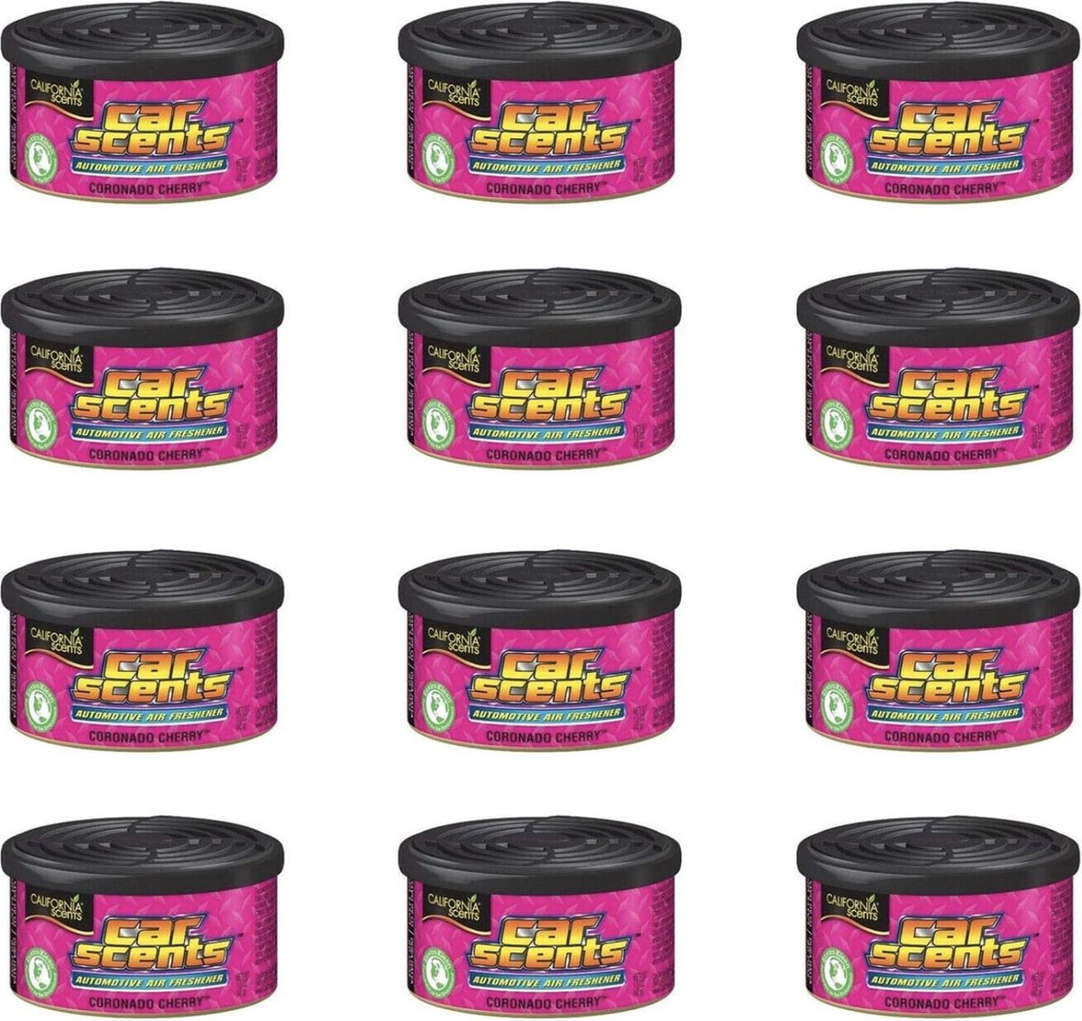 Goedkoopste California Car Scents Cherry Luchtverfrissers, 12 blikjes, exclusief deksels.