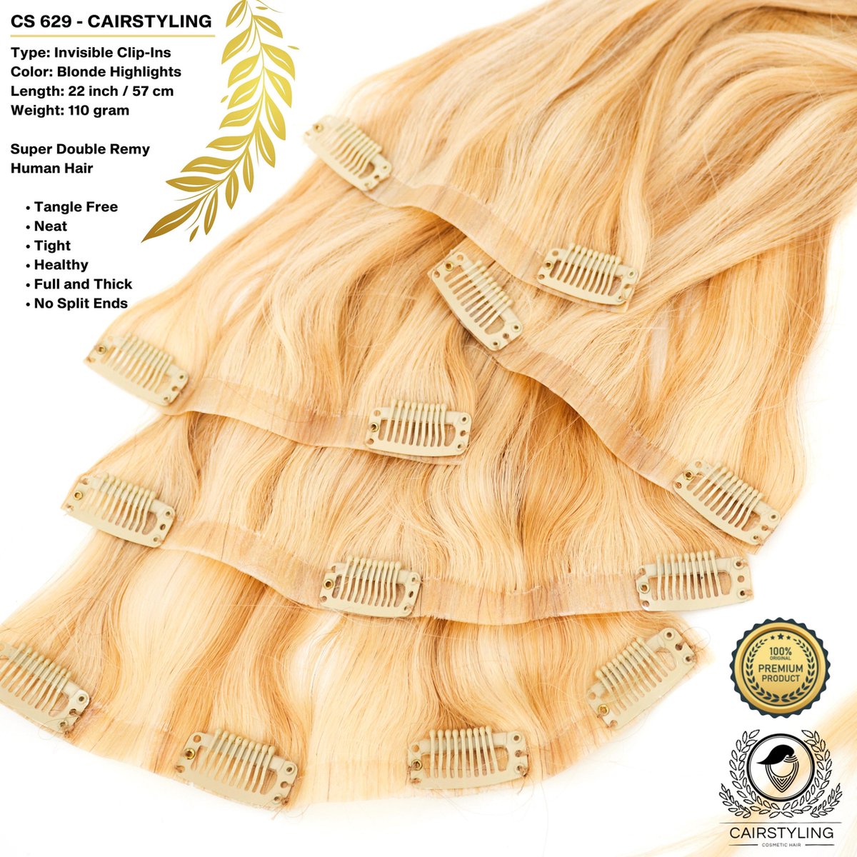 CAIRSTYLING Premium 100% Human Hair - CS629 INVISIBLE CLIP-IN - Super Double Remy Human Hair Extensions | 110 Gram | 57 CM (22 inch) | Haarverlenging | Best Quality Hair Long-term Use | 2022 Trending Invisible Laces | Warm Blonde Highlights