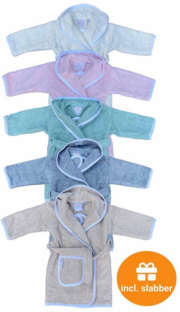 Babybadjas met capuchon - roomwit -ecru - baby badjas gender neutraal - baby badjas meisje - baby badjas jongen - kraamcadeau - 100% badstof katoen - incl. slabbetje - luxe baby badjas mét roomwitte bies - maat 0-12 mnd (80) van Bebe Jou — afbeelding 4