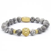 Victorious Natuurstenen Kralen Armband Heren – Gouden Leeuw – Grijs/Zwart – 17cm