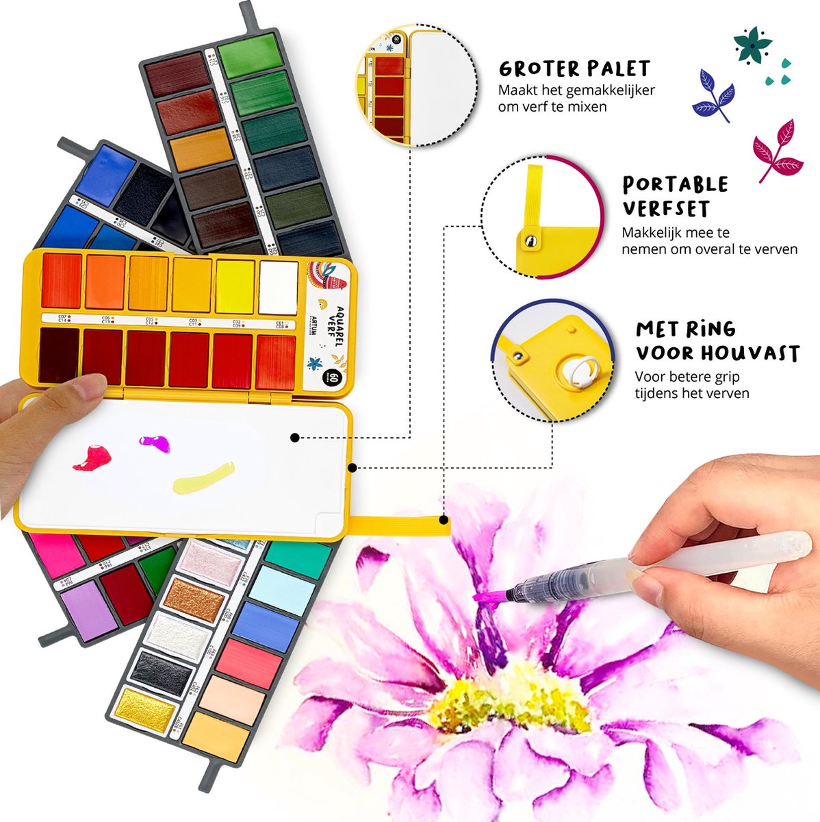 Aquarelverf Set met 60 Kleuren - Met Waterbrush en Spons - Waterverf - Schilderen - Handlettering - Brush Pennen — afbeelding 5