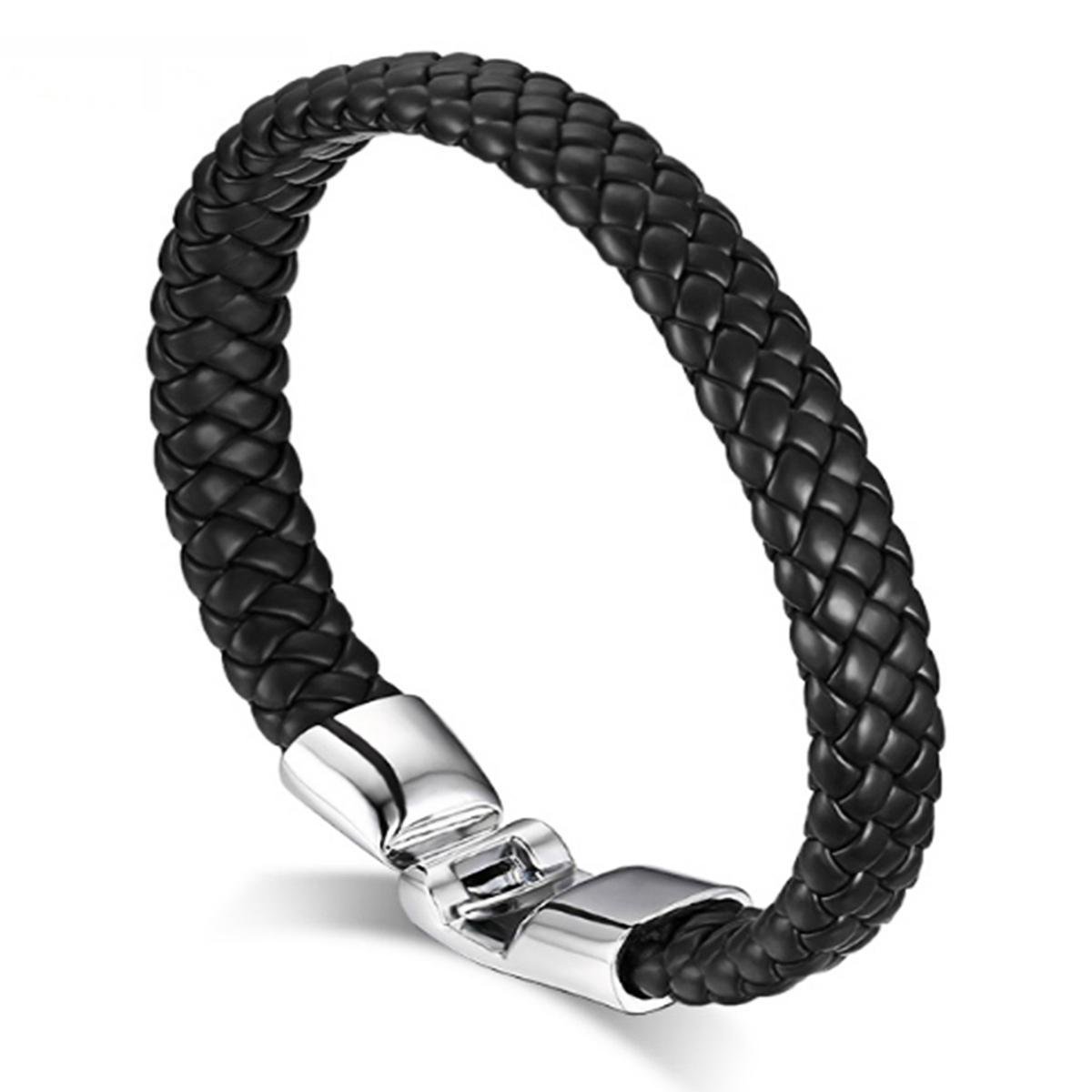 Victorious Leren Armband Heren – Gevlochten Leer en Roestvrij Staal – Zwart/Zilver – 20.5cm