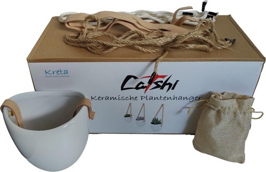 Plantenhanger Keramiek – Set van 3 – Steen- Hangpot – Hangende Bloempot Plantenpot met 3 verschillende Koorden – 12 x 11 x 9.5 cm