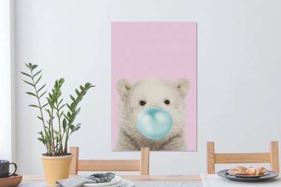 Canvas schilderij kinderen - IJsbeer - Kauwgom - Roze - Blauw - Kinderen - Meisjes - Canvas Meisjes - Muurdecoratie Meiden - Kids - 60x90 cm