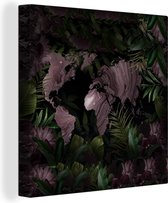 Canvas Wereldkaart - 50x50 - Wanddecoratie Wereldkaart - Paars - Planten