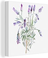 Canvas Schilderij Aquarel - Bloemen - Lavendel - 20x20 cm - Wanddecoratie