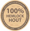 Sticker: 100% hemlock hout, geen chemische behandeling.