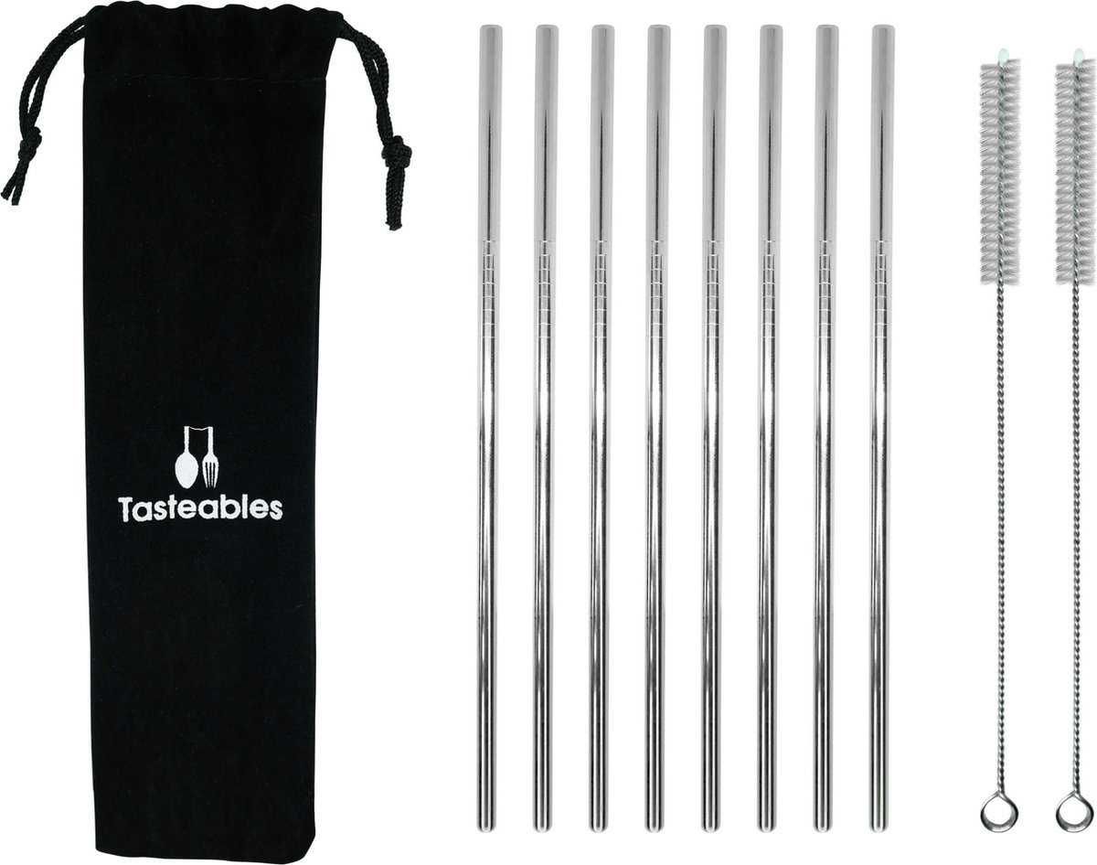 RVS Rietjes Recht - Cocktail Rietjes - Tasteables - Set van 8 - Duurzaam - Herbruikbaar - Reinigingsborstel - 210mm lengte - Zilver