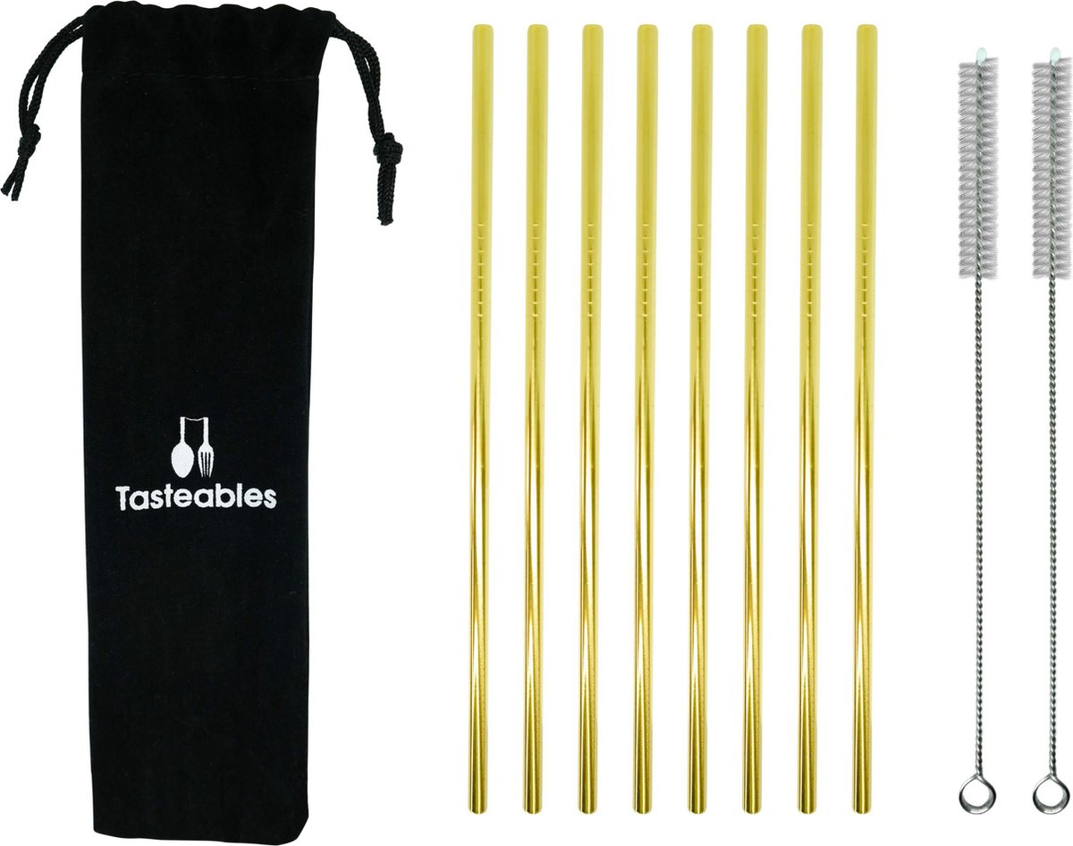 RVS Rietjes Recht - Cocktail Rietjes - Tasteables - Set van 8 - Duurzaam - Herbruikbaar - Reinigingsborstel - 210mm lengte - Goud