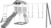 AXI Beach Tower Speeltoestel in Grijs/Wit - Speeltoren met Klimrek, Dubbele Schommel, Grijze Glijbaan en Zandbak - FSC hout - Speelhuis op palen voor de tuin