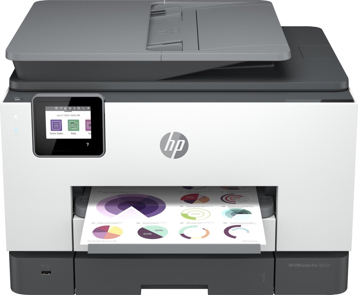 HP OfficeJet Pro 9025e All-in-One-printer, Printen, kopiëren, scannen, faxen, Automatische invoer voor 35 vellen; Printen via USB-poort aan voorzijde; Scannen naar e-mail; Dubbelzijdig printen