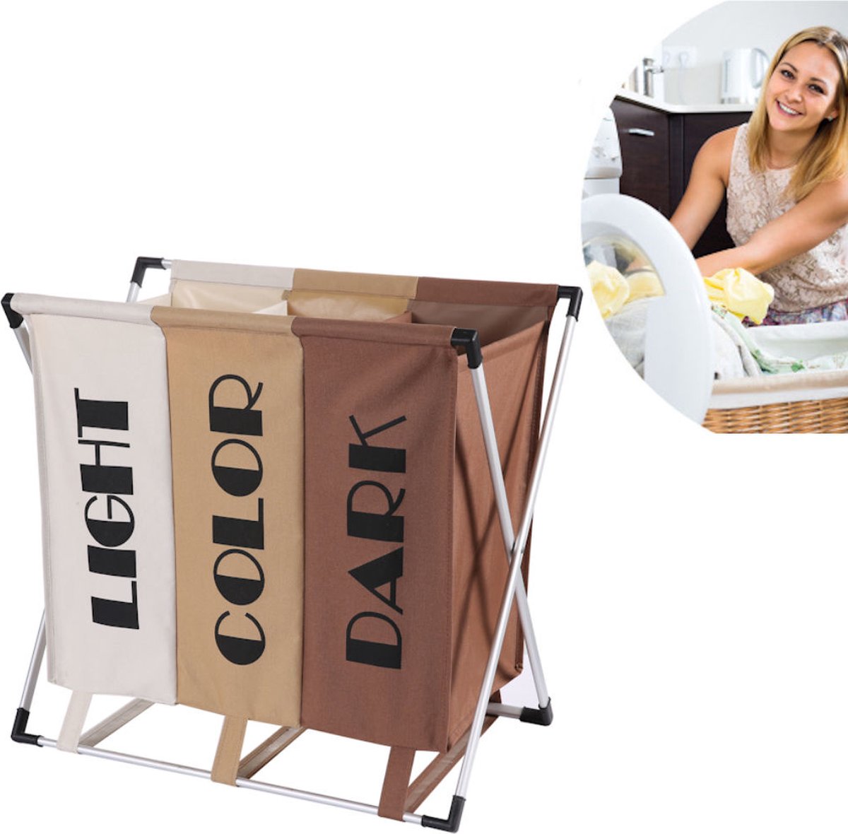 Goedkoopste Decopatent® Wassorteerder - 90L - Wasmand 3 Vakken - Opvouwbare Wasmanden - Wassorteerder 3 vaks - Alu Frame - Wit - Beige - Bruin