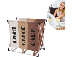 Wassorteerder - 90L - Wasmand 3 Vakken - Opvouwbare Wasmanden - Wassorteerder 3 vaks - Alu Frame - Wit - Beige - Bruin