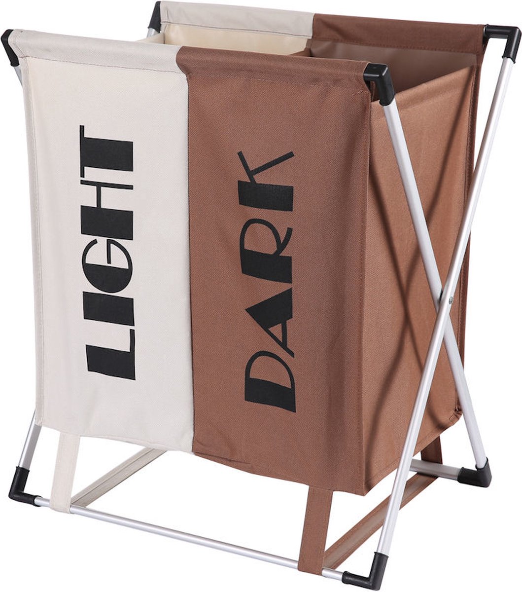 Goedkoopste Wassorteerder - 60 L - Wasmand 2 Vakken - Opvouwbare Wasmanden - Wassorteerder 2 vaks - Aluminium Frame - Bruin - Wit