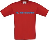 T-shirt voor kinderen met opdruk “Mij niet roepen” (kinder variant op Mij niet bellen) | Chateau Meiland | Martien Meiland | Rood T-shirt met lichtblauwe opdruk. | Herojodeals