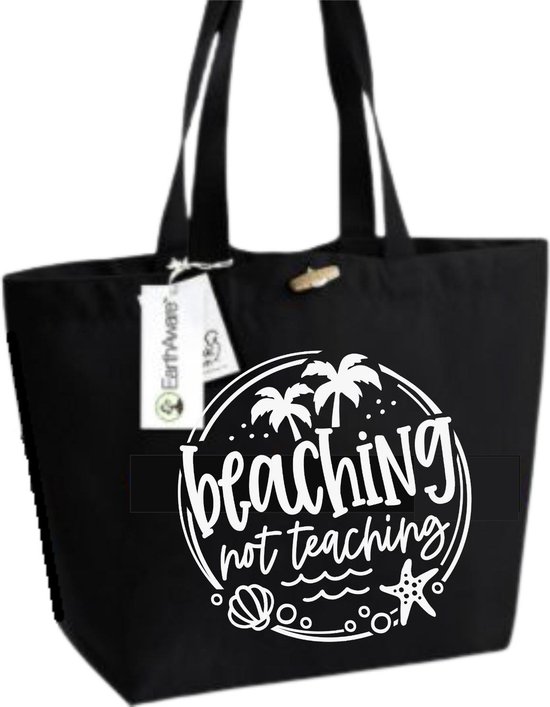 Strandtas - juf - beaching not teaching - cadeau - strand - opbergen - schoudertas - shoppen - shoppingbag