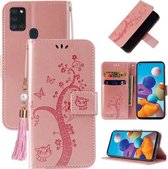 Voor Samsung Galaxy A21s Reliëf Lucky Tree Horizontale Flip Lederen Case met Houder & Kaartsleuf & Portemonnee & Lanyard (Rose Goud)