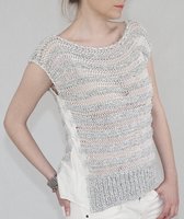 YELIZ YAKAR - Luxe  dames chique hand gebreid uitgaans top /shirt “Apriate” met een blouse detail - grijs en wit kleurenmix - katoen - maat 36-38 - designer kleding