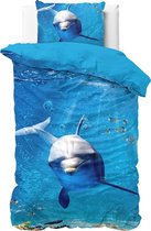 1-persoons kinder dekbedovertrek (dekbed hoes) blauw met dolfijn (Dolphin), tropische vissen, zeesterren en schelpen in de helder blauwe zee (water) KATOEN eenpersoons 140 x 200 cm