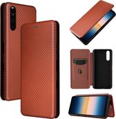 Voor Sony Xperia 10 III Carbon Fiber Texture Magnetische Horizontale Flip TPU + PC + PU Leather Case met Card Slot (Brown)