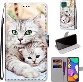 Voor Samsung Galaxy F62 / M62 Gekleurde tekening Cross Texture Horizontale Flip PU lederen tas met houder & kaartsleuven & portemonnee & lanyard (Big Cat Holding Kitten)