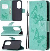 Voor Huawei P50 Pro Twee vlinders reliëfpatroon horizontale flip lederen tas met houder & kaartsleuf & portemonnee & lanyard (groen)