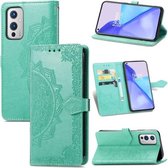 Halverwege Mandala-reliëfpatroon Horizontaal leren flip-hoesje met houder & kaartsleuven & portemonnee & lanyard voor OnePlus 9 (groen)