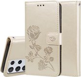 Voor Samsung Galaxy S21 Ultra 5G Rose reliëf horizontale flip PU lederen tas met houder & kaartsleuven & portemonnee (goud)