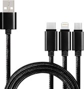 5 STUKS 2A 3 in 1 USB naar USB-C / Type-C + 8-pins + micro-USB gevlochten datakabel (zwart)