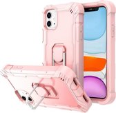 PC + rubberen 3-laags schokbestendige beschermhoes met roterende houder voor iPhone 11 (roségoud)