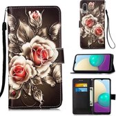 Voor Samsung Galaxy A02 / M02 (wereldwijd) Gekleurd tekeningpatroon Plain Weave Horizontale flip lederen hoes met houder & kaartsleuf & portemonnee & lanyard (rozen op zwart)