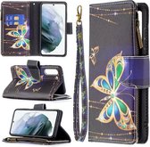 Voor Samsung Galaxy S21 FE Gekleurde Tekening Patroon Rits Horizontale Flip Leren Case met Houder & Kaartsleuven & Portemonnee (Grote Vlinder)