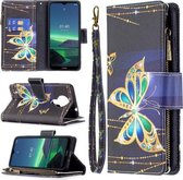 Voor Nokia 1.4 Gekleurde Tekening Patroon Rits Horizontale Flip Lederen Case met Houder & Kaartsleuven & Portemonnee (Grote Vlinder)
