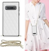 Voor Samsung Galaxy S10 Elegant Rhombic Pattern Microfiber Leather + TPU Shockproof Case met Crossbody Strap Chain (Wit)