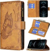 Voor iPhone 12 Pro Flying Butterfly Embossing Pattern Rits Horizontale Flip Leather Case met houder & kaartsleuven & portemonnee (bruin)