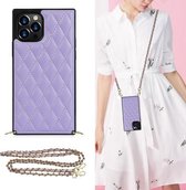 Elegant ruitpatroon van microvezelleer + TPU-schokbestendig hoesje met crossbody-riemketting voor iPhone 12 Pro Max (paars)