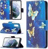 Voor Samsung Galaxy S21 FE Gekleurde Tekening Patroon Horizontale Flip Leren Case met Houder & Kaartsleuven & Portemonnee (Goud Vlinder)