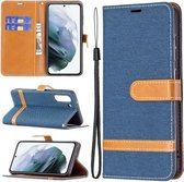 Voor Samsung Galaxy S21 FE Kleuraanpassing Denim Textuur Horizontale Flip Leren Case met Houder & Kaartsleuven & Portemonnee & Lanyard (Donkerblauw)