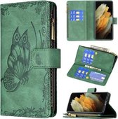 Voor Samsung Galaxy S21 Ultra 5G Flying Butterfly Embossing Pattern Rits Horizontale Flip Leather Case met houder & kaartsleuven & portemonnee (groen)