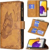 Voor Samsung Galaxy A72 4G / 5G Vliegende Vlinder Embossing Patroon Rits Horizontale Flip Leren Case met Houder & Kaartsleuven & Portemonnee (Bruin)