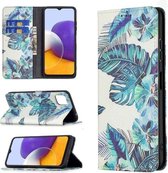 Voor Samsung Galaxy A22 5G Gekleurde Tekening Patroon Onzichtbare Magnetische Horizontale Flip PU Lederen Case met Houder & Kaartsleuven & Portemonnee (Blauw Blad)