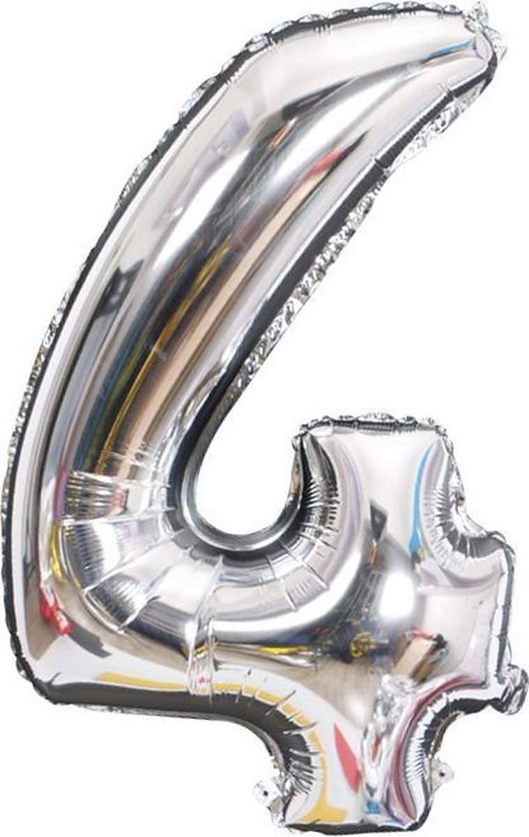 Cijfer ballon 4 jaar Babydouche - 1 meter 100 CM - zilver folie helium ballonnen - zilveren vier verjaardag versiering
